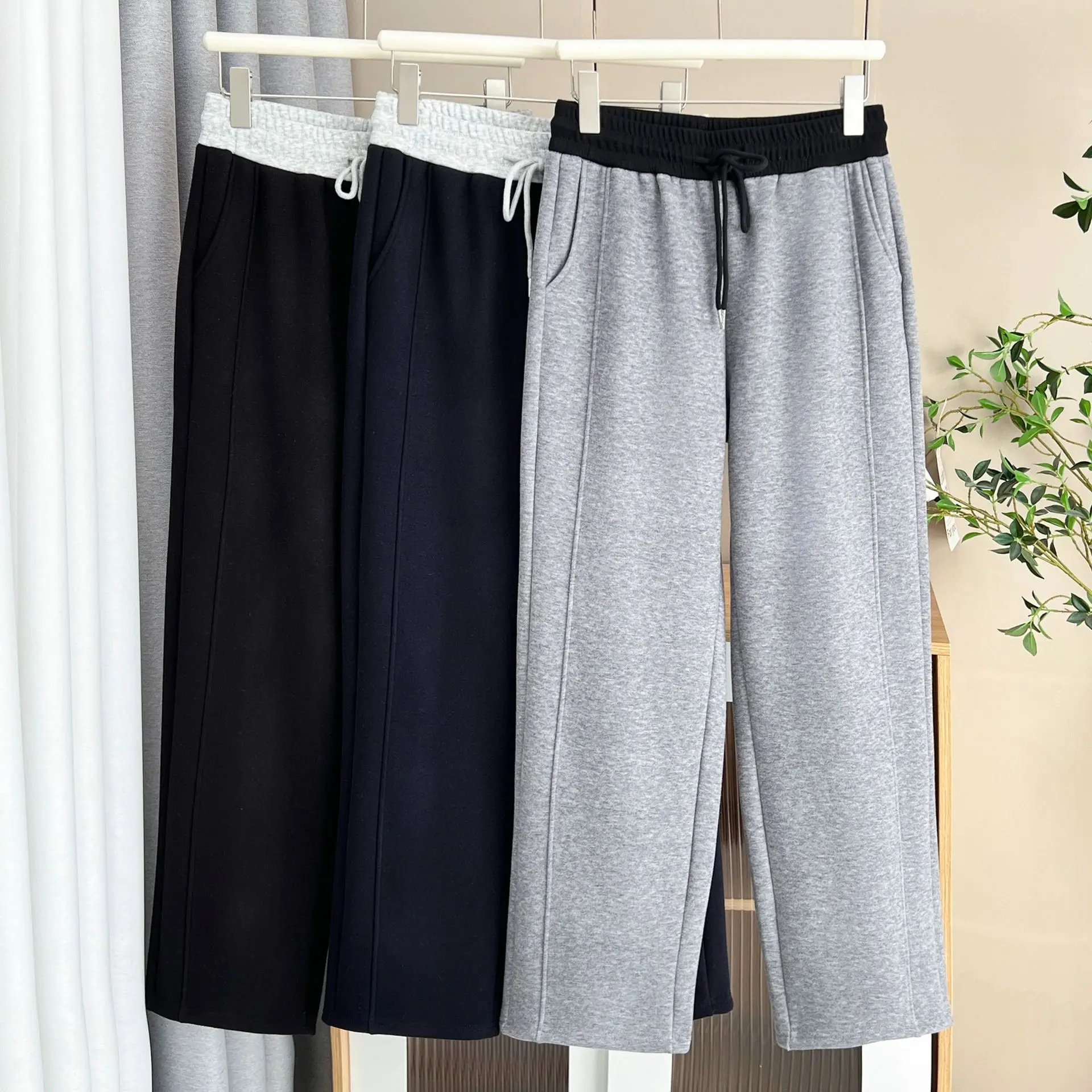 XXXXL Fashion Plus Size Women's Straight Leg Pants Casual color-blocking Waist Fleece Thickened Trousers For Autumn And Winter