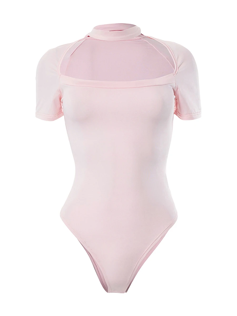 

Women Short Sleeve Bodysuits Solid Color Hollow-Out Halter Neck Skinny Rompers Summer Streetwear