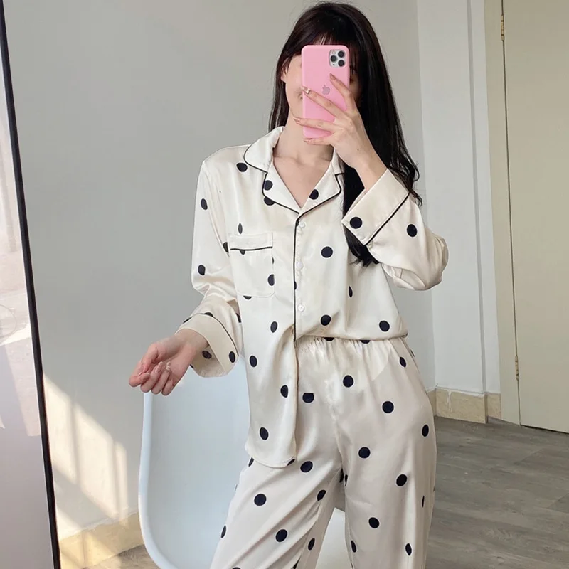 

2pcs Women's Pajamas Sateen Polka Dot Lapel Single-breasted Cardigan Top Casual Trousers Home Wear Pajama for Women Sleepwear