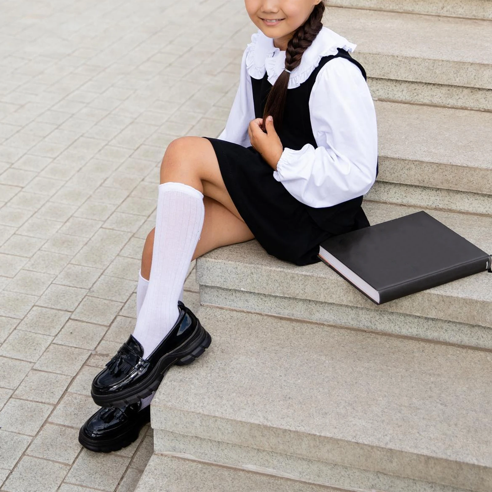 4-7 years Kids Girl Fall Dress Academic Style School Formal Long Sleeve Lapel Collar Uniform Dress Kids A-Line with Tie