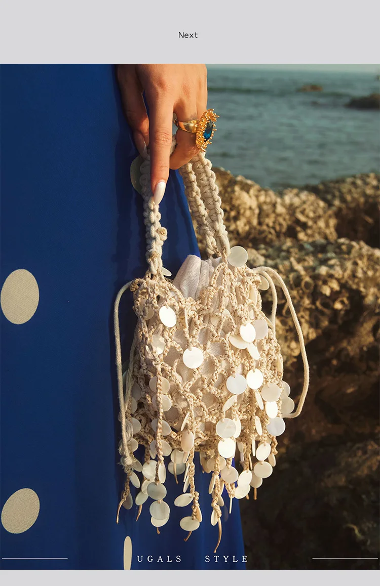 Women's Beach Woven Handbag Handmade Shell Fishing Net Weaving Shoulder Bag for Travel Vacation Ladies Clutches