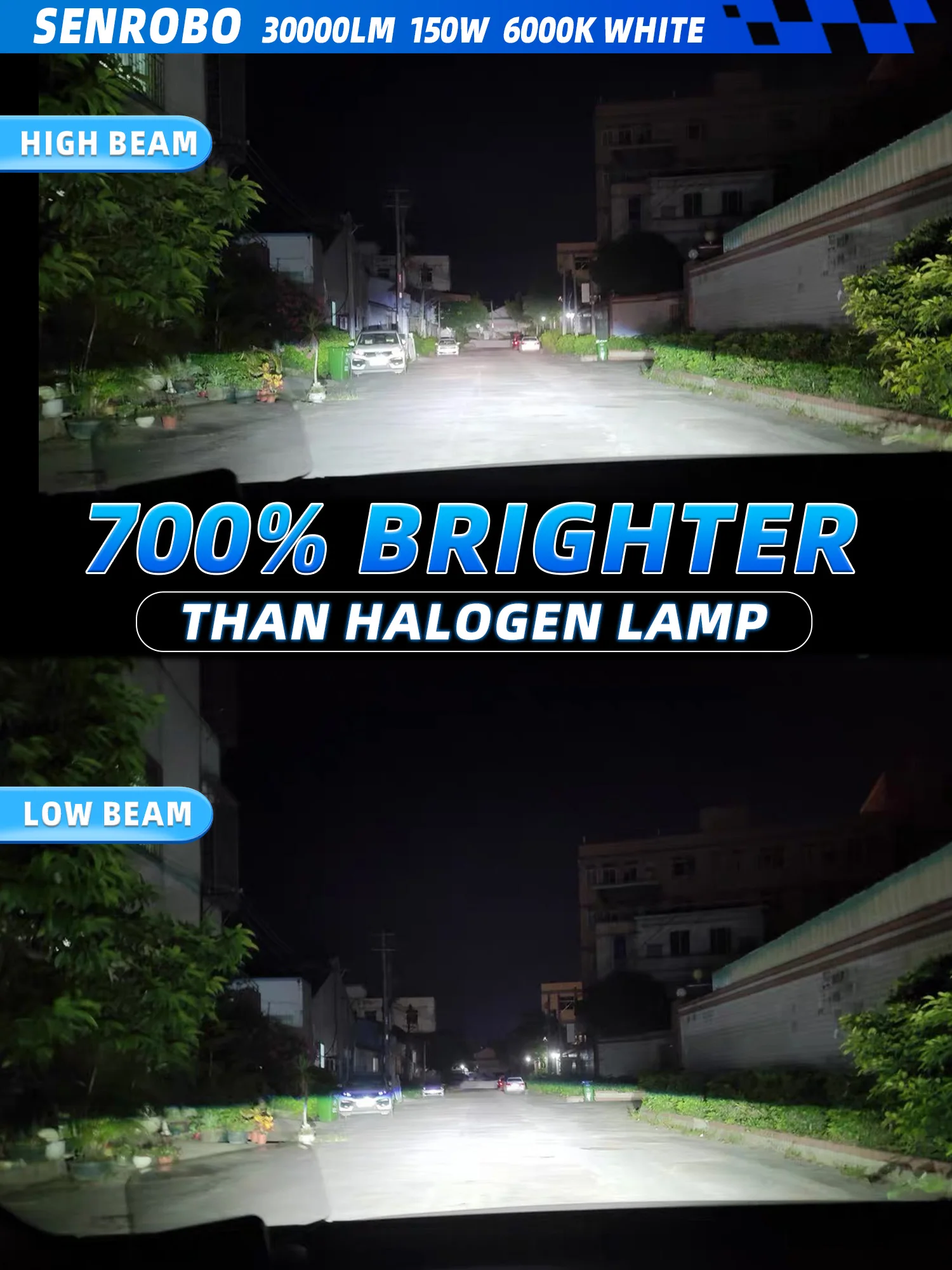 SENROBO 고출력 LED 헤드라이트 전구, 150W, H4, H11, 자동 조명, 9012 H1, 9005, 9006, 30000LM, LED 안개등, 2 팩