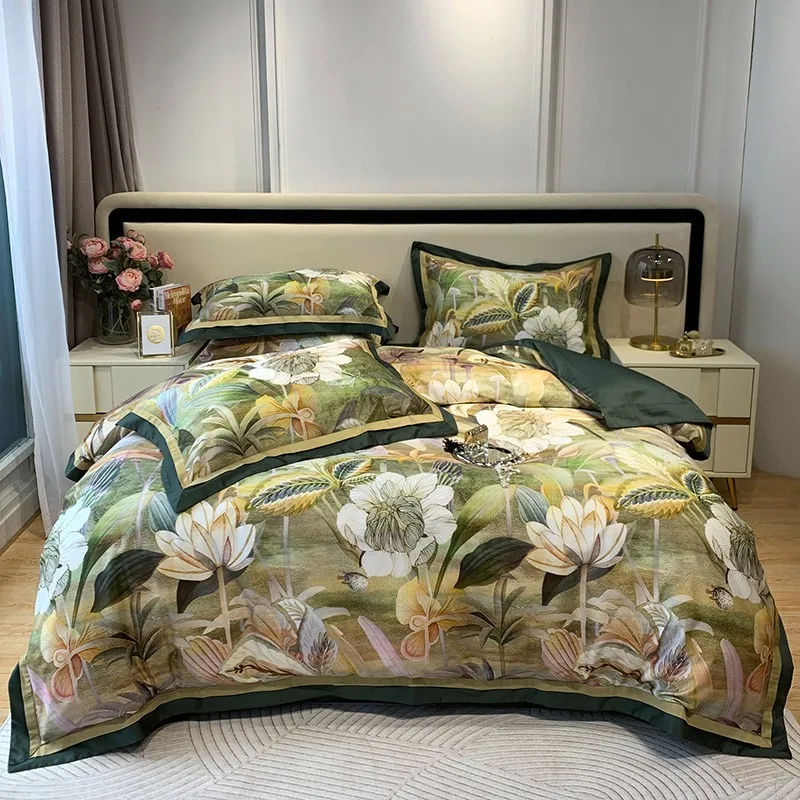 

Spring Garden Flowers Vintage Vibrant printed Duvet cover 1000TC Egyptian Cotton 4Pcs Bedding Set with 1 Bed Sheet 2Pillowcases