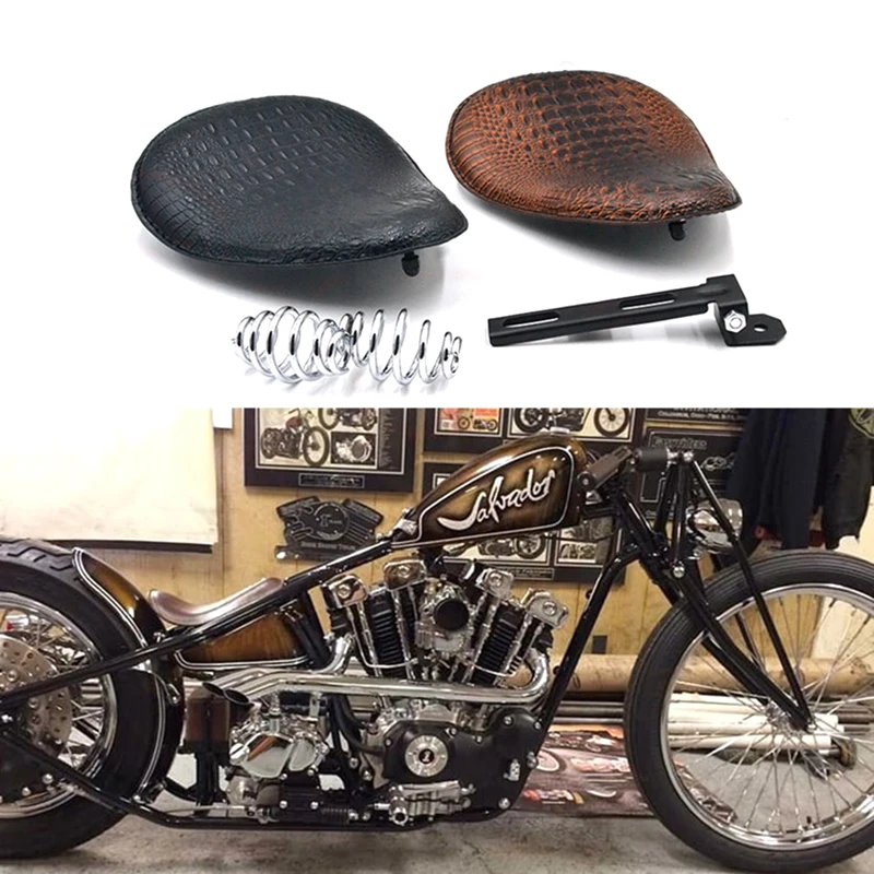 

Motorcycle Retro Brown/Black Crocodile Leather Solo Seat+3" Spring Bracket for Harley Custom Chopper Bobber Leather Saddle Seat