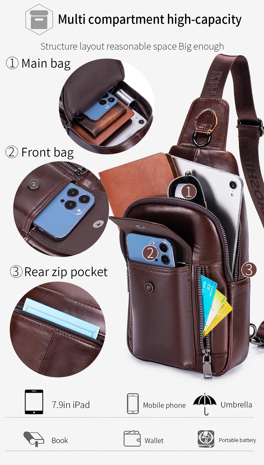 Hochwertige Herren-Leder-Brusttasche aus Rindsleder mit Großer Kapazität für Mobiltelefone und iPads – Detail 5