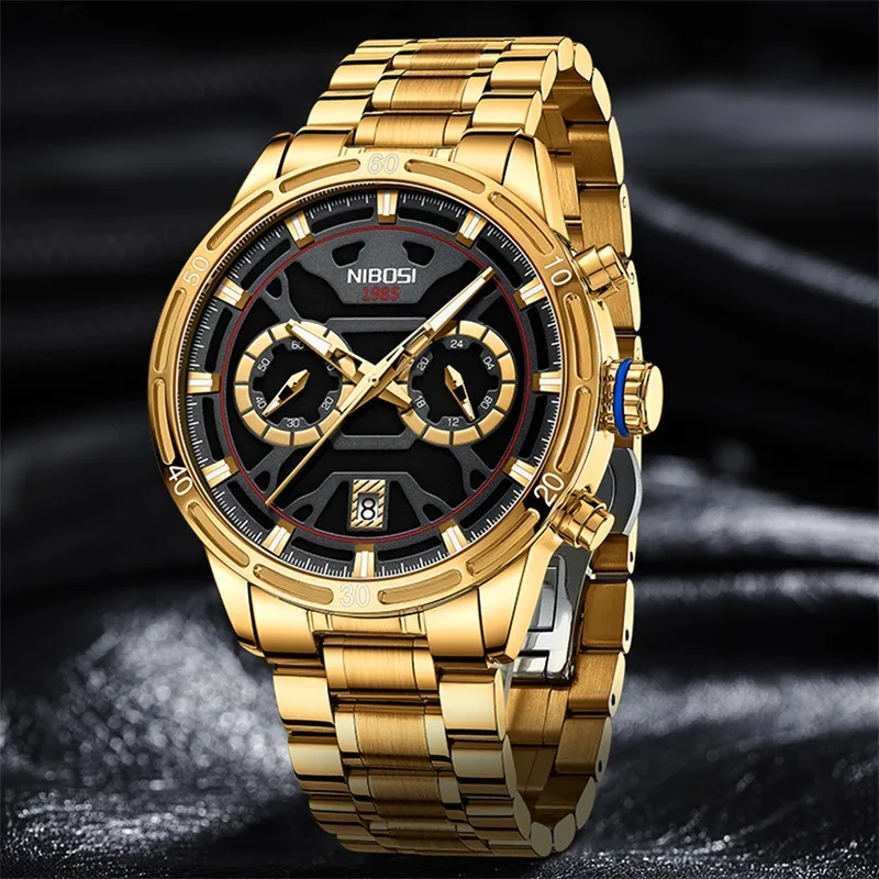 NIBOSI Brand Luxury Gold Watch for Men Sport Stainless Steel Waterproof Luminous Chronograph Quartz Watch Mens Relogio Masculino