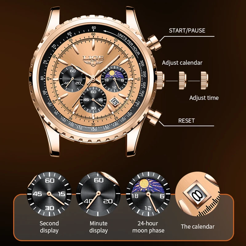 LIGE Fashion Leather Watches For Men Military Waterproof Chronograph Watch Men Casual Business Luminous Quartz Man Wristwatch
