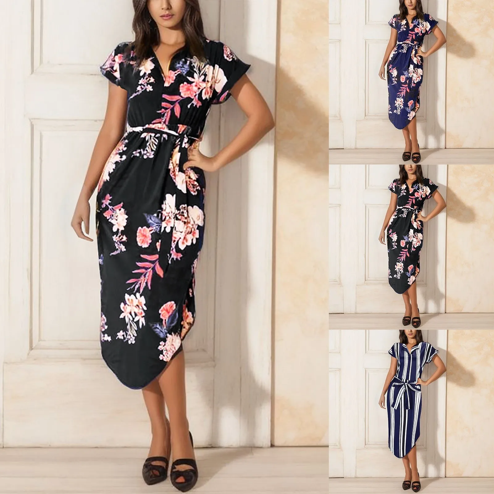 

Bohemian Floral Print Lapel Shirts Dresses For Women Fashion Striped Short Sleeves Lace Up High Waist Beach Holiday Dress Casual