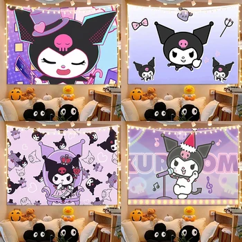 Adorable tapisserie Kuromi, une décoration murale amusante pleine de charme d'anime., tissu de fond de salon et de chambre à coucher, sans lumières 1
