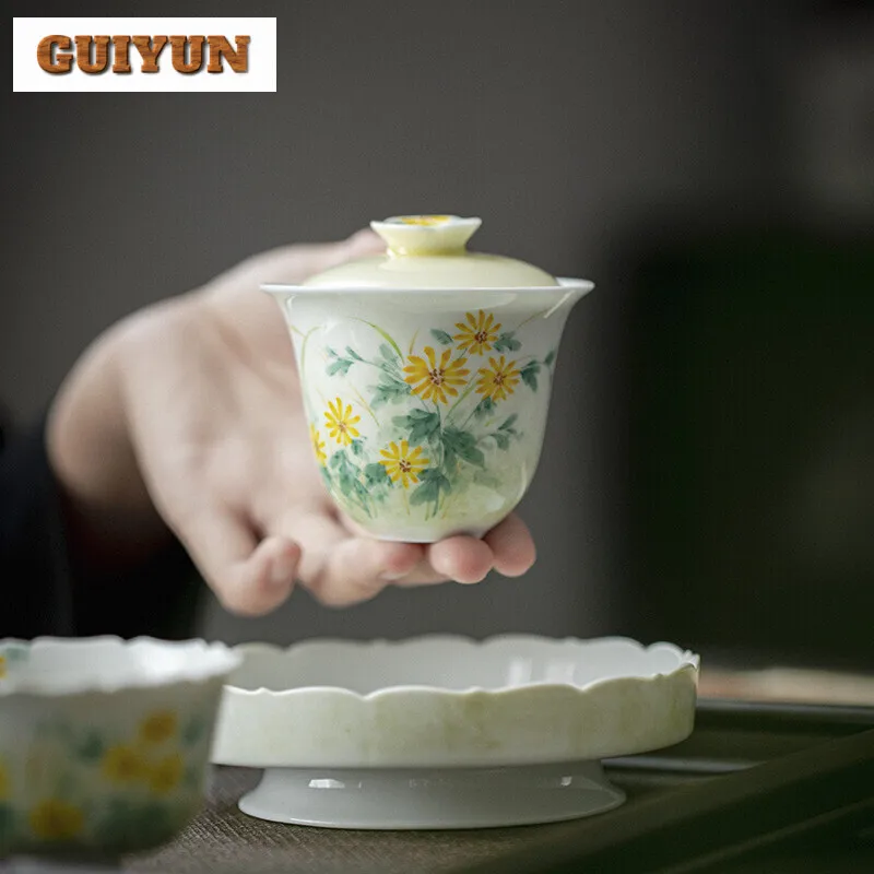 120ml Hand-painted Wild Chrysanthemum Porcelain Gaiwan Elegant Tea Bowl Tea Tureen Brewing Cover Bowl Teaset Ornaments Gifts
