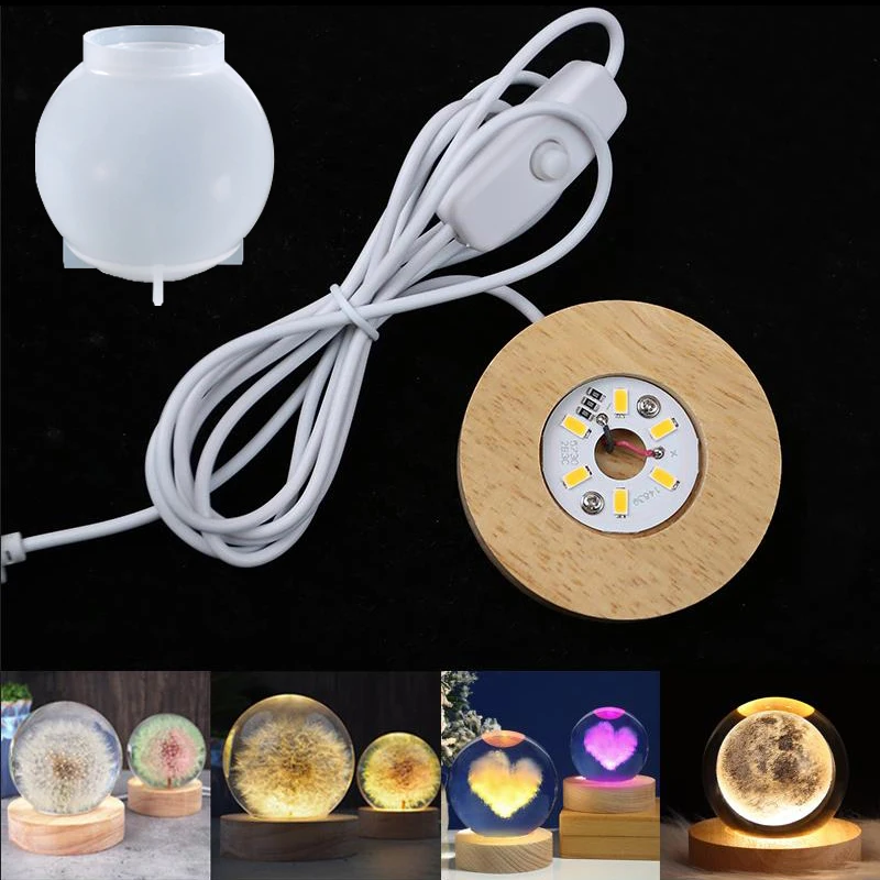 Round Wooden LED Light Lighted Base Epoxy Resin Mold Silicone 3D Ball Shape Crystal DIY Crafts Home Resin Art Ornament