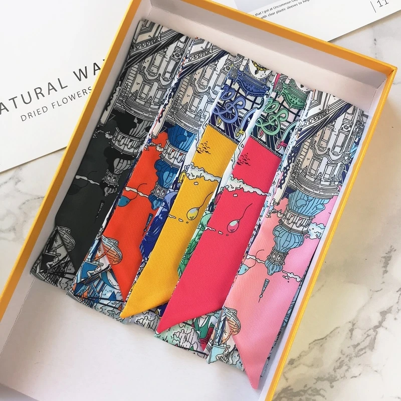 FranceSpring Versatile Fashion Eiffel Tower Ladies Leisure Decoration Twill Long Strip Streamer Silk Scarf Tie Bind a Bag Ribbon 5