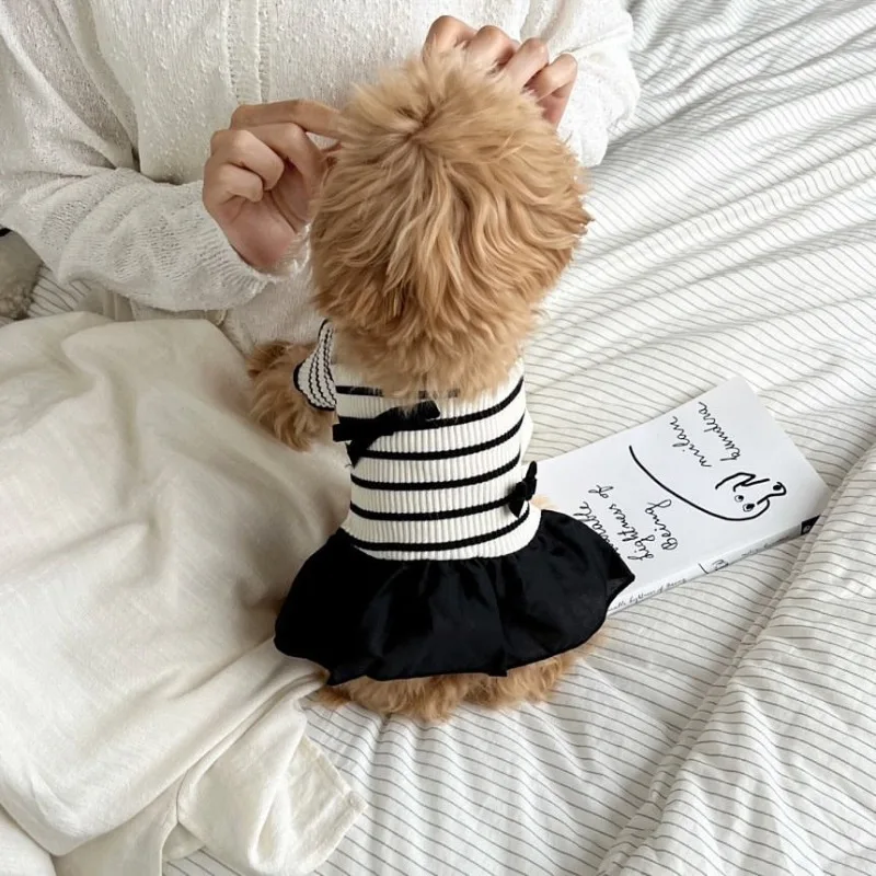 Pet Dress Pet Dog Clothes Summer Pet Bow Puppy Shirt Collar Strap Fashion Flying Sleeve Striped Dog Dress Black White Dress Teddy for Small Dog Clothes