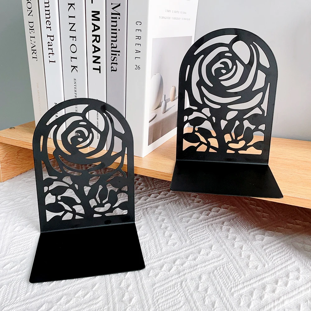 Rose Metal Book Ends -Black L Shaped Book Stand Holder for Home Office Desk, Creative Gift for Dads and Loved Ones 3