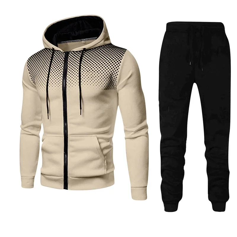 Men Set Polka Dots Print Zipper Cardigan Hooded Sweatshirt Solid Color Casual Pants Two Piece Suits Autumn Winter Thickened Wear