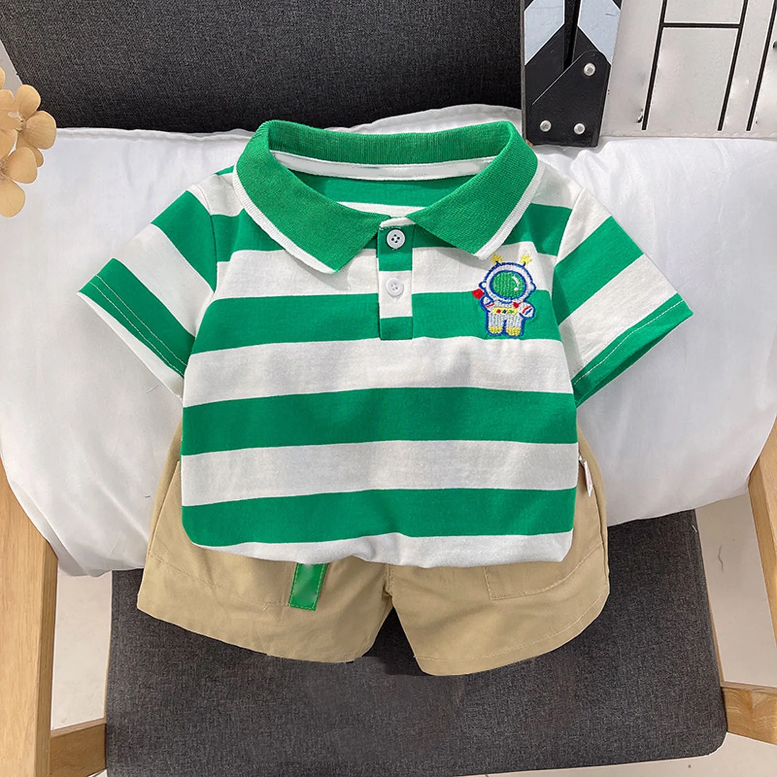 

New Kids Boys Clothing Sets Summer Lapel Striped Short Sleeve T Shirt+Solid Color Shorts Children Suit Fashion Two Piece Outfits