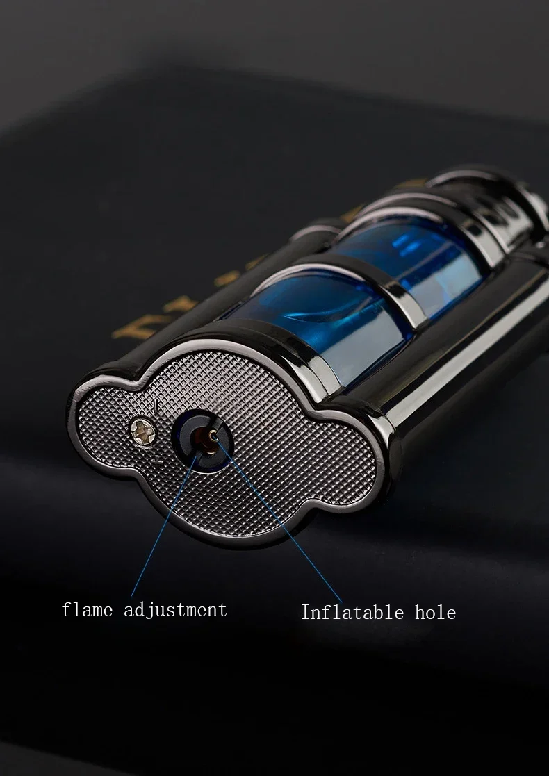 Description Picture 3 of item2023 Windproof Direct Charge Transparent Visible Air Bin Metal Gas Turbine Lighter Kitchen Barbecue Camping Cigar Tool Men's
