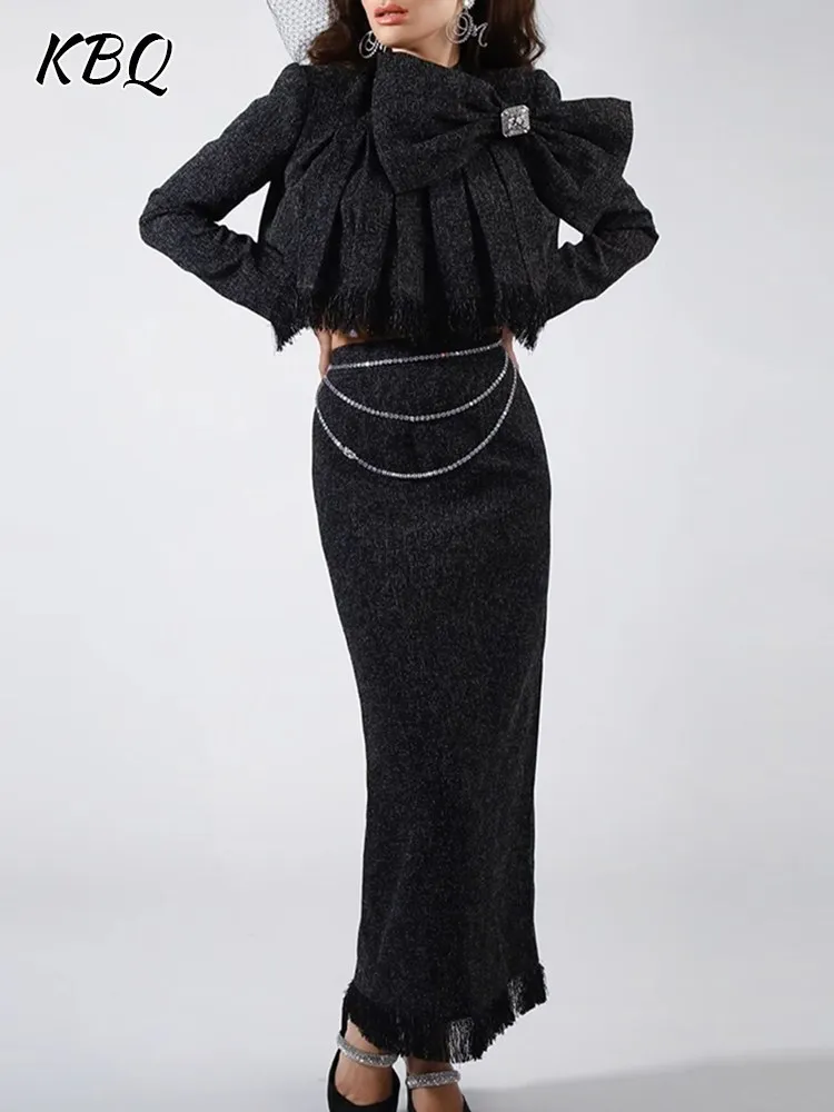 

KBQ-Solid Two Piece Sets for Women, Stand Collar, Long Sleeve, Spliced Bow Knot Tops, High Waist Skirts, Casual Female Fashion