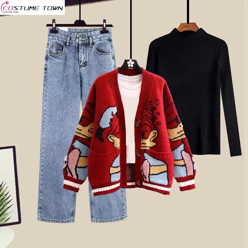 Fashion Women's Autumn and Winter Set 2023 New Age Reducing Knitted Cardigan Underlay Jeans Three Piece Set Fashion