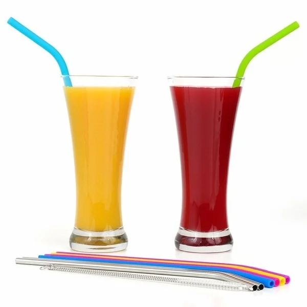 Reusable Silicone and Stainless Steel Straw Set with Cleaner Brush and Bag