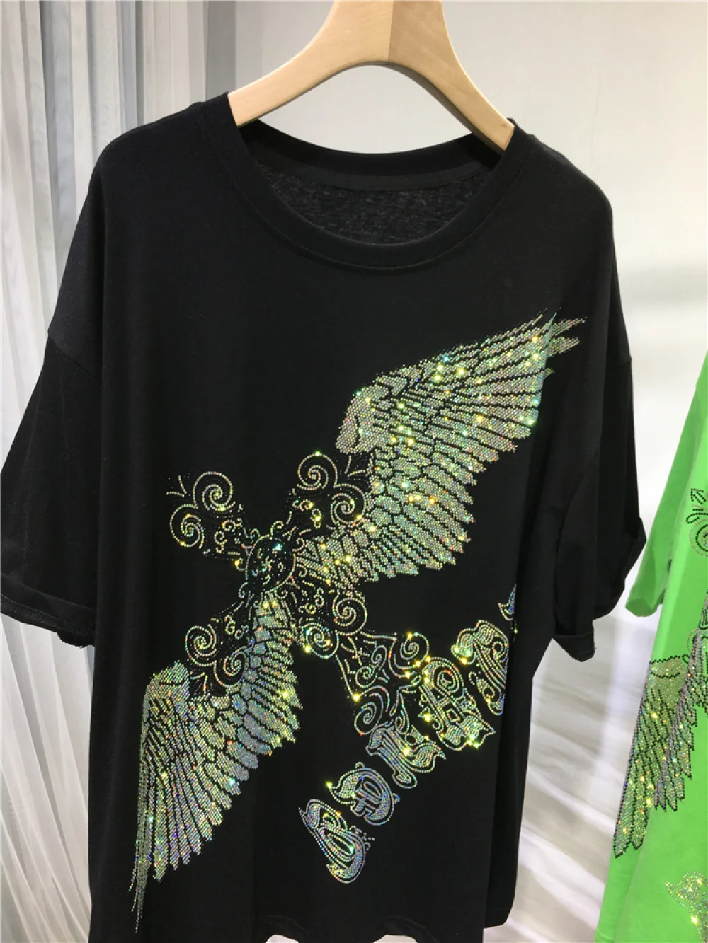 150KG Plus Size Women Men Brand T-shirt Summer Loose Fit Rhinestone Eagle Luxury T Shirt Cotton Black Big Size Women's Clothing