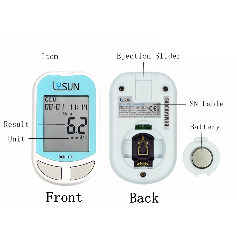 Blood Glucose Monitor Lysun Blood Glucose Meter Test Strips with Lancets Blood Sugar Diabetes Tester Household Tiny Speciman BGM-101