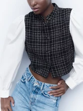  TRAF New Women Blouses Shirts 2022 Spring Autumn Casual Single Breasted Spliced Tops Vintage  Long Sleeve T-Shirts 