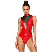 Women's Wet Look Patent Leather Bodysuit Sleeveless Mesh Slim Fit Glossy Leotard Teddies Lingerie Clubwear for Party Nightclub - Image 2
