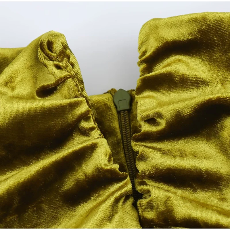 Elegant Halter Velvet Midi Dresses Women Backless Pleated Zipper Green Party Dress Female 2025 Spring Summer Lady Slim Fit Robes