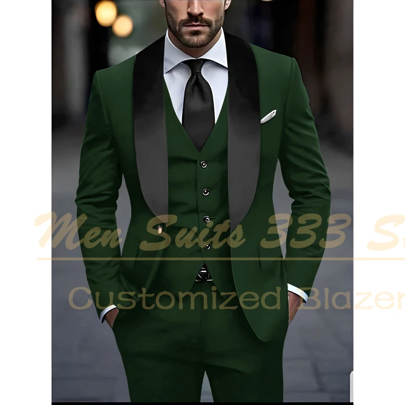 Green Men Suits Blazer Formal Black Shawl Lapel One Button Slim Fit Clothing 3 Piece Jacket Pants Vest