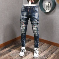 Streetwear Fashion Men Jeans Spliced Designer Retro Blue Elastic Slim Ripped Biker Jeans Homme Hip Hop Painted Denim Pants Men 1