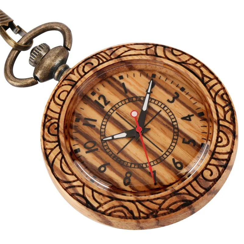 Novel Natural Wood Clock Men Women Bamboo Quartz Analog Pocket Watch Arabic Number Luminous Hands Display Timepiece with Chain