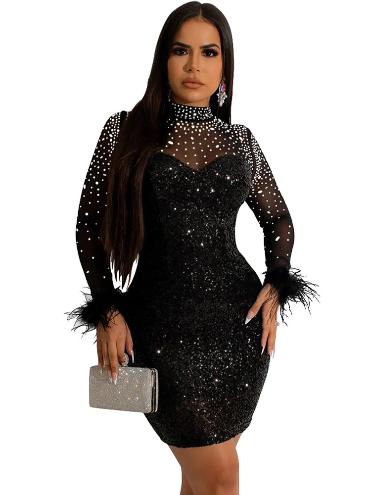 Sexy Mesh Rhinestone Sequin Feather Prom Mini Dresses See Through Night