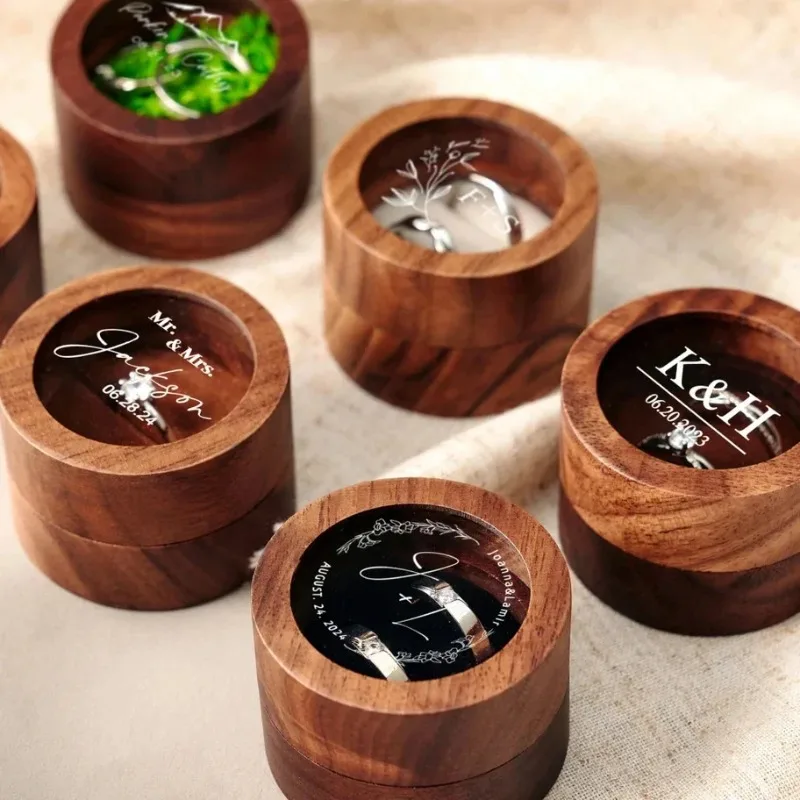 Customized Walnut Wood Round Ring Box with Clear Cover - Free Name and Date Engraving
