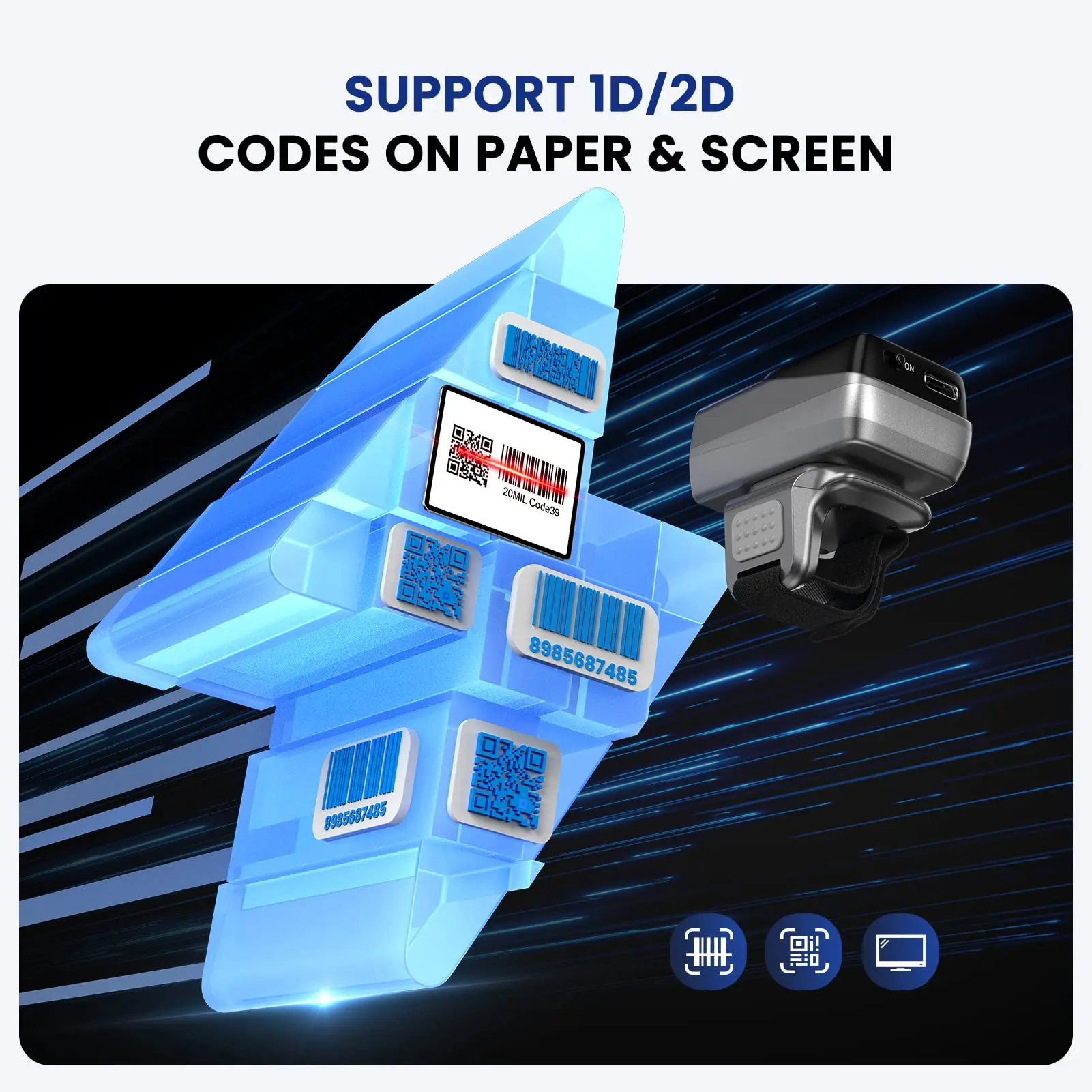 Eyoyo EY-038 Ring Barcode Scanner with Screen 1D Laser/2D Mini Wearable Bluetooth Finger QR Code Reader Support Screen Scanning