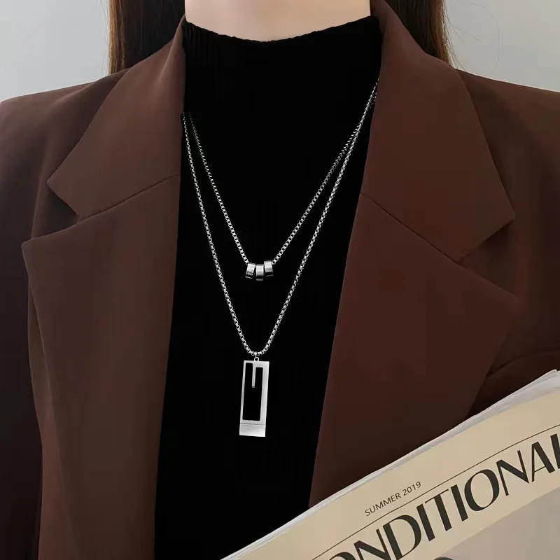 

Oil Dripping Geometric Double-Layer Titanium Steel Necklace Women's Sweater Chain High-Grade Fashion All-Matching Pendant