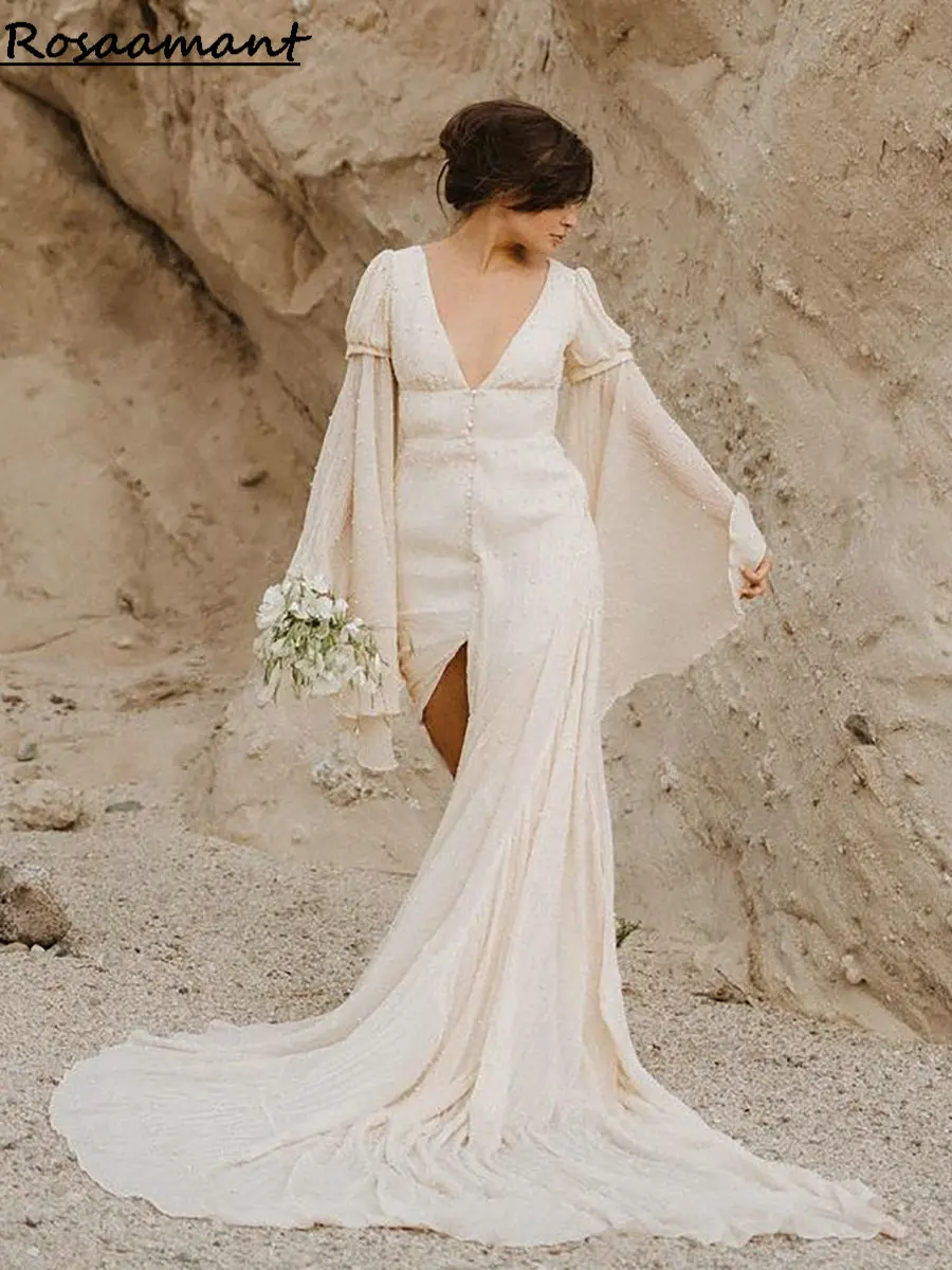 

Женское шифоновое платье с V-образным вырезом, длинным рукавом