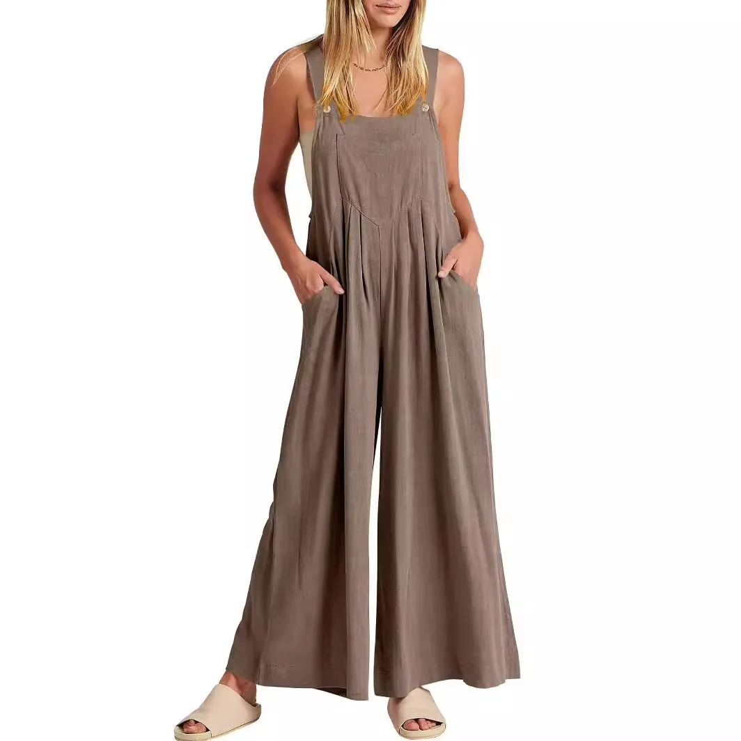 Jumpsuit ladies solid color loose casual cotton and linen suspenders jumpsuit simple commuting style, comfortable and casual