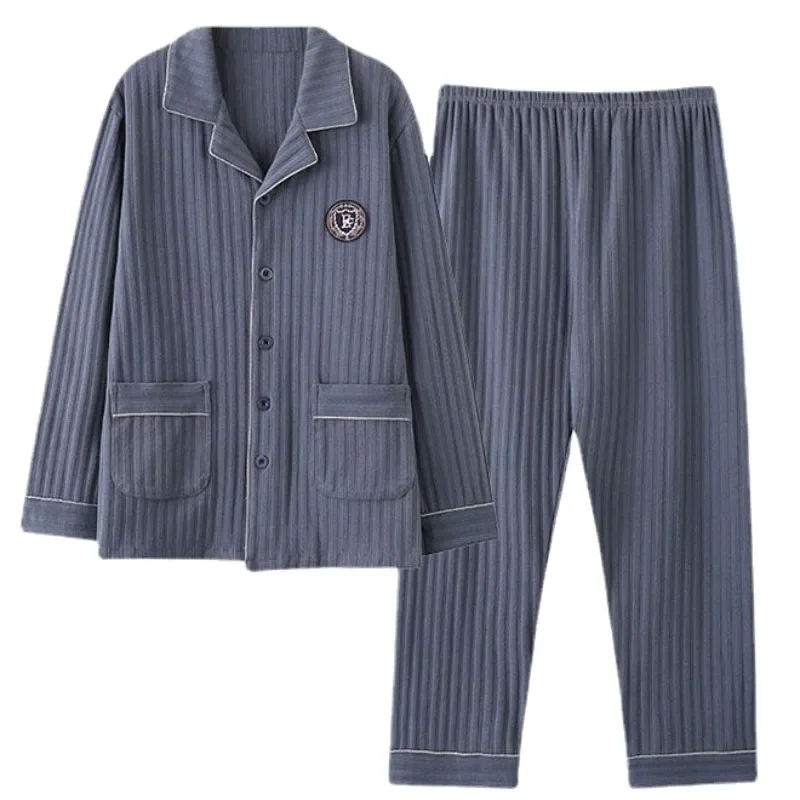 2024 New Winter Men Pajamas Pure Cotton Long Sleeved Sleepwear Spring Autumn Loose Young Middle-aged People V-neck Homewear Set