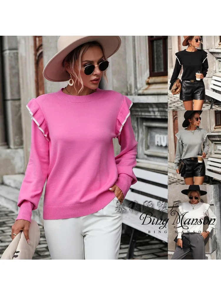 

Autumn and Winter New Women's Fashion Ruffle Edge Knitwear Loose Solid Color Versatile Round Neck Pullover Sweater for Women