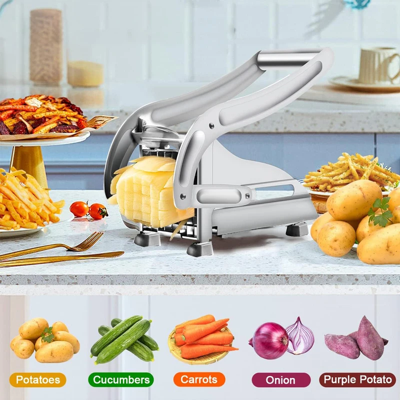 French Fry Cutter Stainless Steel Manual Potato Slicer with 2 Blades