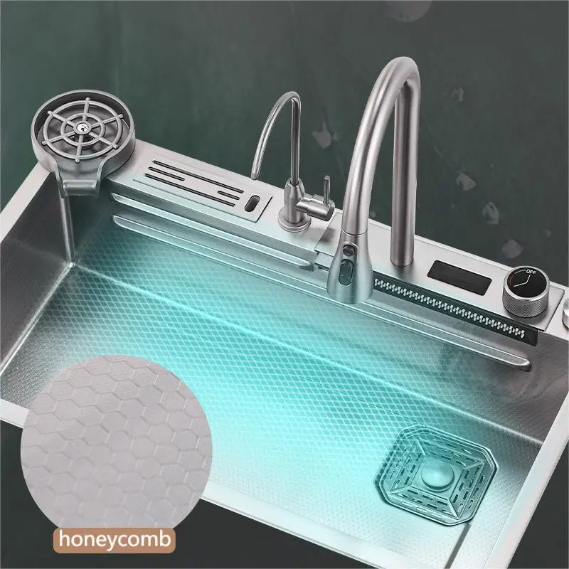 2024 new product big size Honeycomb embossed knife holder piano digital display waterfall kitchen sink 4