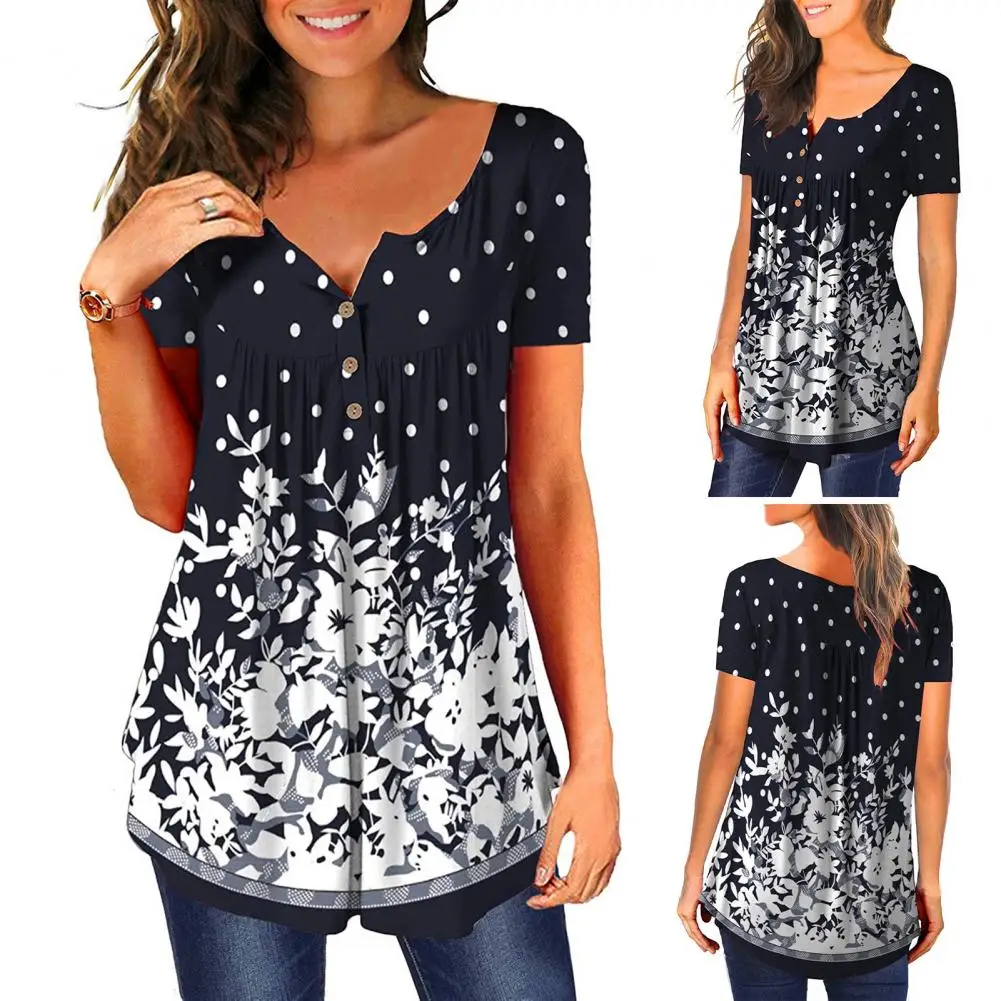 

Дышащий топ с коротким рукавом и цветочным принтом, футболка с V-образным вырезом, стильная плиссированная футболка средней длины для женщин, повседневная одежда с пуговицами