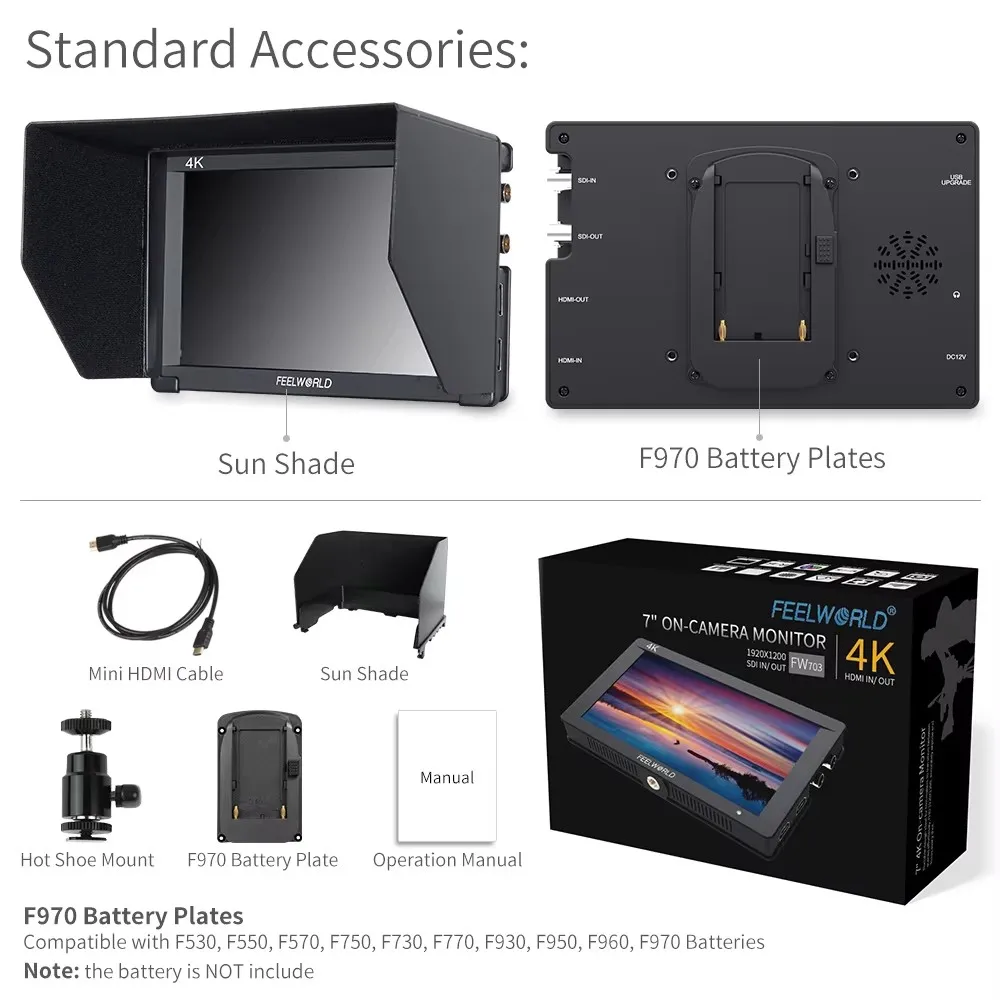Feelworld FW703 7 Inch 3G-SDI 4K HDMI-compatible Monitor 7" IPS 1920x1200 Full HD Field Monitor Histogram Peaking Focus Zebra