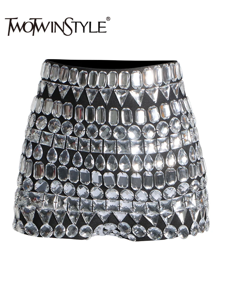 TWOTWINSTYLE Sexy Slimming Shorts For Women High Waist Patchwork Diomands Spliced Zipper Chic Short Pants Female Fashion Clothes