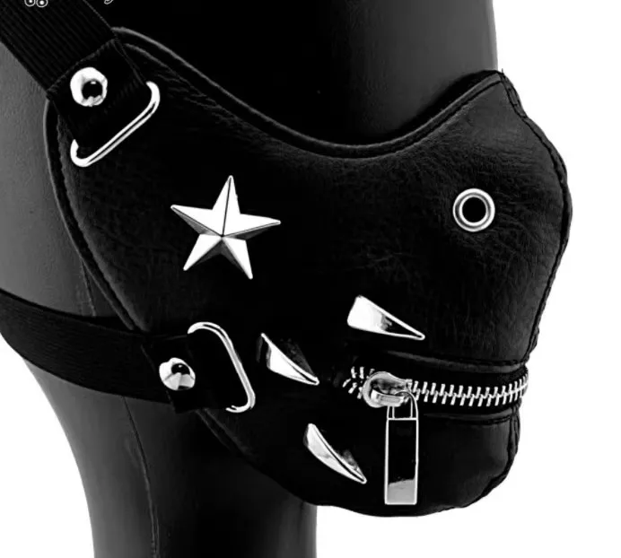 Men Women's Black PU Leather Star Rivet Zipper Rock Mask Lady's Breathable Party Cosplay Halloween Mouth-muffle R1404