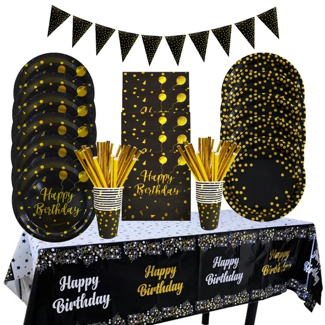 Black Gold Dot Disposable Tableware Paper Cups Plates Tablecloth Napkins Adult Wedding Birthday Party Home Decoration Supplies 1