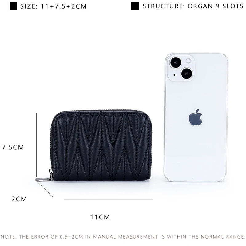 RFID 9 Card Slots Credit Card Holder Genuine Leather Small Card Case for Women Men Brand Wrinkled Accordion Wallet with Zipper