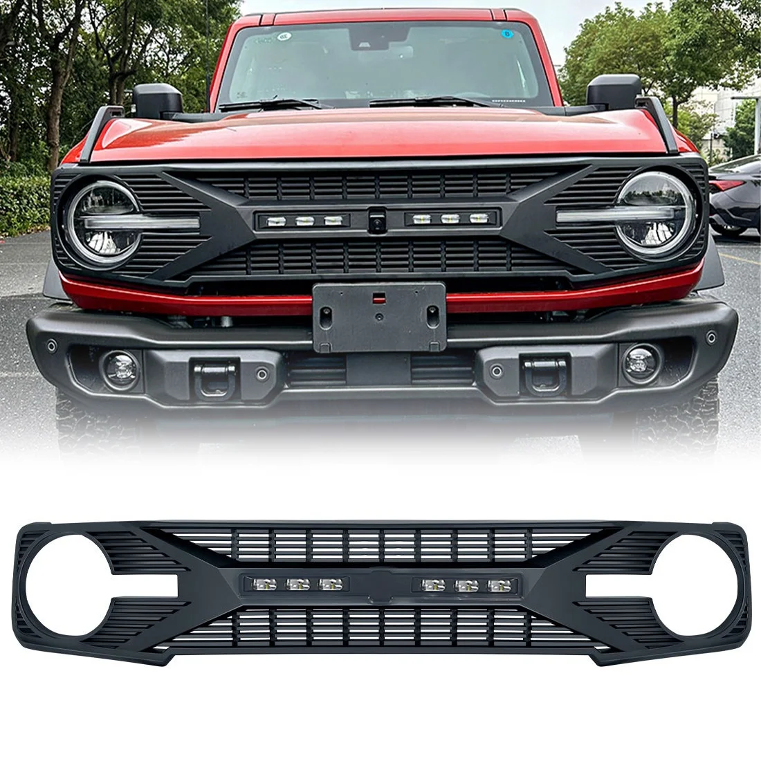 

Car Grills Front Bumper Grille Grill For 2021 2022 2023 Ford Bronco 2/4 Door 2.3L 2.7L with Off-Road Lights ABS