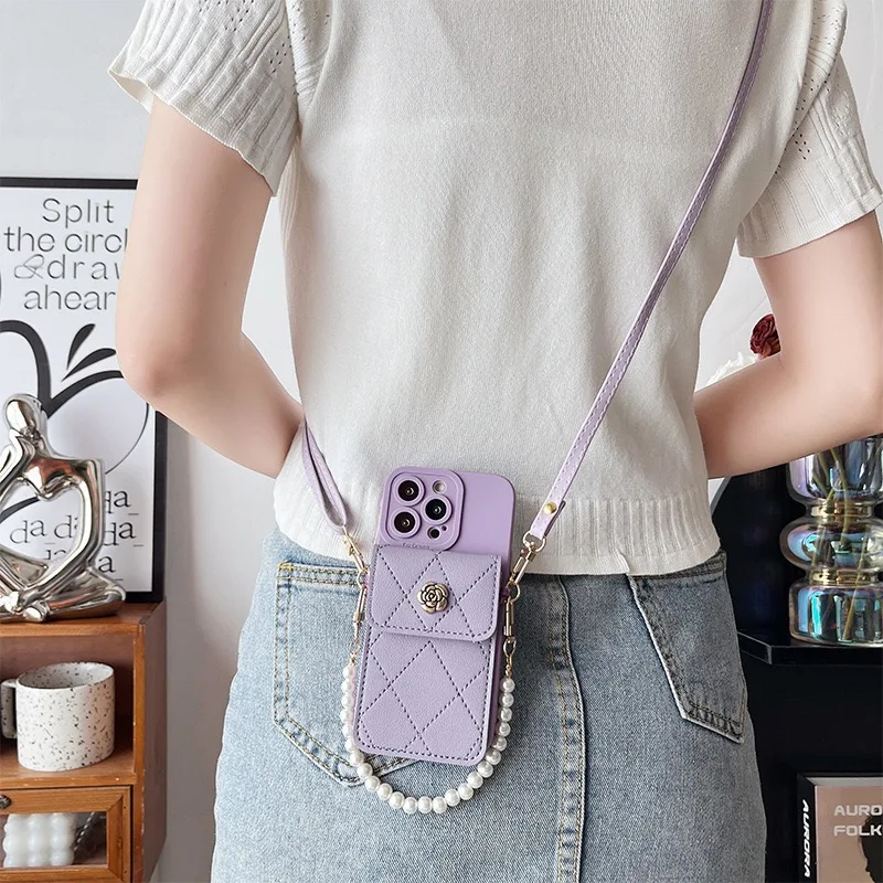 Pearl Strap Wallet Crossbody Case with Flower Detailing and Card Holder